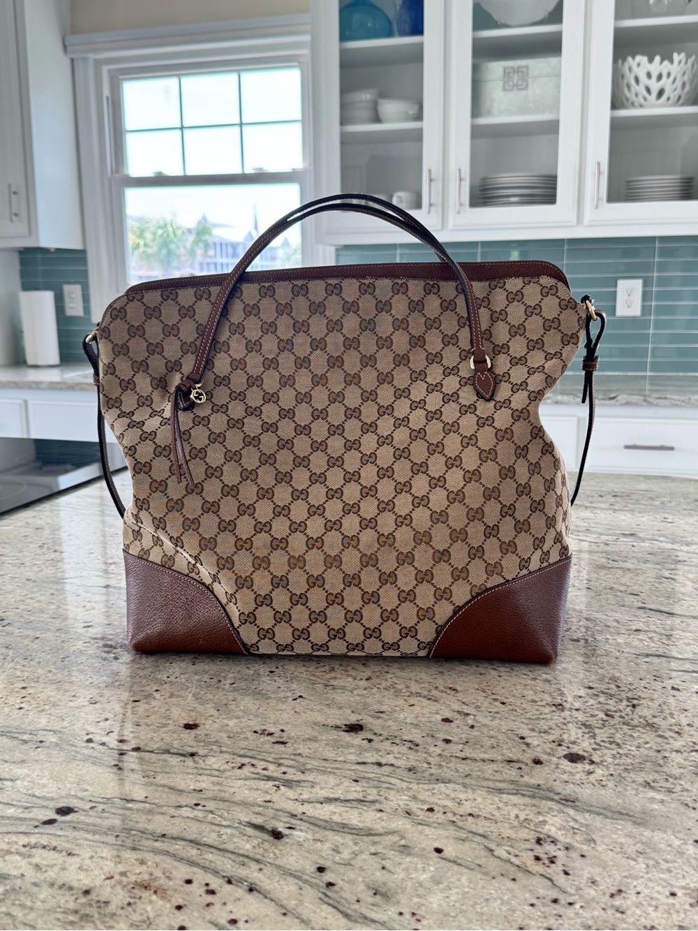 🔹 Gucci Beige GG Canvas Two Way Shoulder Bag Interlocking 100% Authentic